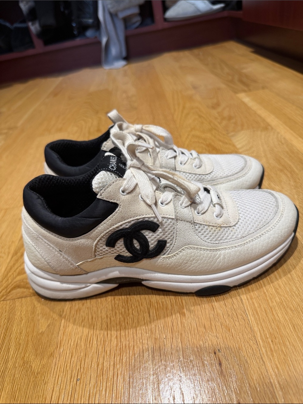 CHANEL Ivory and Black CC Logo Sneakers